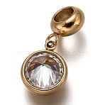 304 Stainless Steel European Dangle Charms, Large Hole Pendants, with Resin, Flat Round, Golden, Clear, 21mm, Hole: 4.5mm, Pendant: 12.5x10x5.5mm(STAS-I177-23C)
