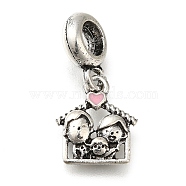 Rack Plating Alloy Pink Enamel European Dangle Charms, Family House Large Hole Pendants, Antique Silver, 24mm, Hole: 4.5mm(PALLOY-A009-09AS)