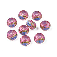 Flower Printed Transparent Acrylic Rondelle Beads, Large Hole Beads, Hot Pink, 15x9mm, Hole: 7mm(TACR-S160-01-E02)