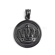 304 Stainless Steel Pendants, Hip-Hop Pendants, Flat Round with Crown, Electrophoresis Black, 29.5x24.5x4mm, Hole: 6mm(STAS-H435-09B)