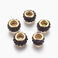 Handmade Polymer Clay European Beads, Large Hole Beads, with Brass Core, Flat Round, Golden, Dark Red, 11.5x7mm, Hole: 5mm(CLAY-O002-01G-B)
