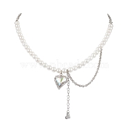 Heart Glass Rhinestone Pendant Necklaces, 6mm Pearl Beaded Necklaces, with Iron Rolo Chains, Platinum, 17.91 inch(45.5cm), bead: 6mm(NJEW-JN04809)