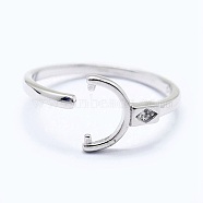 Anti-Tarnish Adjustable Rhodium Plated 925 Sterling Silver Cuff Finger Ring Components, For Half Drilled Beads, with Cubic Zirconia, Clear, Platinum, Size: 6, 16mm, Tray: 6x3mm, Pin: 0.8mm(STER-I016-045P)