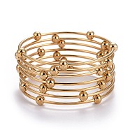 Fashion 304 Stainless Steel Bangle Sets, with Round Beads, Golden, 2-1/8 inch(5.5cm), 7pcs/set(BJEW-L664-023A-G)