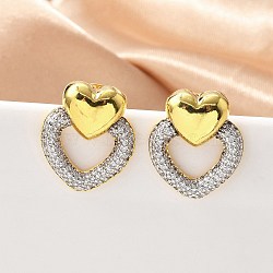 Brass Micro Pave Clear Cubic Zirconia Stud Earrings, Rack Plating, Long-Lasting Plated, Lead Free & Cadmium Free, Heart, Real 18K Gold Plated, 19.5x16.5mm(EJEW-F359-03G-02)