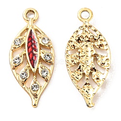 Zinc Alloy Pendants, with Enamel and Rhinestone, Golden, Hollow, Leaf Charm, Red, 24.5x10.5x2.2mm, Hole: 1.8mm(FIND-C035-02G-02)