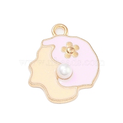 Light Gold Plated Alloy Enamel Pendants, with ABS Imitation Pearl, Cadmium Free & Lead Free, Lady Head Charm, Pink, 19.5x16x4mm, Hole: 1.8mm(ENAM-M219-15KCG-01)