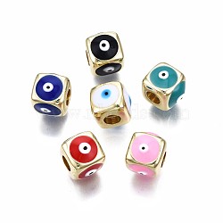 Brass European Beads, with Enamel, Large Hole Beads, Real 18K Gold Plated, Nickel Free, Cube with Evil Eye, Mixed Color, 9x10x10mm, Hole: 4mm(KK-S362-044-NF)