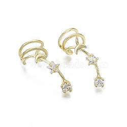 Brass Cubic Zirconia Cuff Earrings, Nickel Free, Star, Clear, Real 18K Gold Plated, 32x9mm(EJEW-R114-021-NF)
