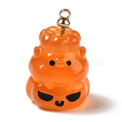 Halloween Theme Opaque Resin Pendants, with Light Gold Tone Alloy Findings, Pumpkin Monster, Orange, 21x13.5x13mm, Hole: 1.5mm(CRES-B005-06D)