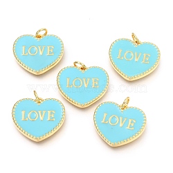 Brass Enamel Pendants, Long-Lasting Plated, Real 18K Gold Plated, with Jump Rings, for Valentine's Day, Heart with Word LOVE, Turquoise, 17.5x20x2.5mm, Hole: 3mm(KK-B027-03G-E)