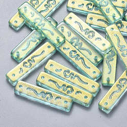 Transparent Spray Painted Glass Links connectors, with Glitter Powder, Rectangle, Medium Aquamarine, 30x7x3mm, Hole: 1.2mm(GLAA-S190-008A-04)