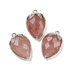 Natural Strawberry Quartz Faceted Pendants, Rack Plating Brass Strawberry Charms, Platinum, 18x11x5~5.5mm, Hole: 1.2mm(G-M431-06P-06)