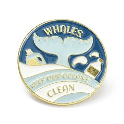Keep the Oceans Clean Alloy Enamel Brooches, Enamel Pin, Flat Round with Whale, Light Cyan, 26x10mm(ENAM-C001-09G)