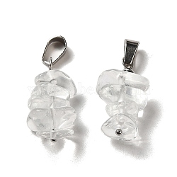 Natural Quartz Crystal Chip Pendants, Rock Crystal Lucky Charms with Stainless Steel Color Plated Stainless Steel Snap on Bails, 24~27x11~14x7~10mm, Hole: 7x4mm(G-H307-07P-14)