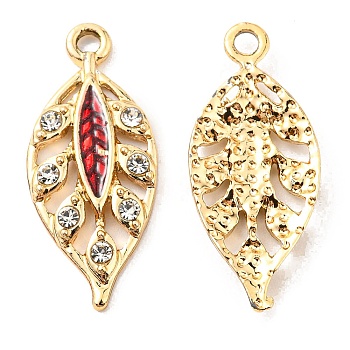 Zinc Alloy Pendants, with Enamel and Rhinestone, Golden, Hollow, Leaf Charm, Red, 24.5x10.5x2.2mm, Hole: 1.8mm