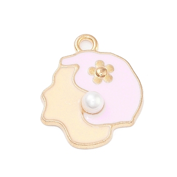 Light Gold Plated Alloy Enamel Pendants, with ABS Imitation Pearl, Cadmium Free & Lead Free, Lady Head Charm, Pink, 19.5x16x4mm, Hole: 1.8mm