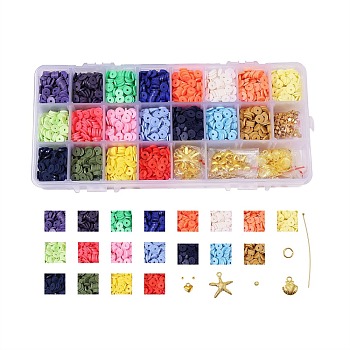 DIY Heishi Beads Jewelry Kits, with Handmade Polymer Clay Beads, Alloy Pendants, Elastic Thread, Brass Spacer Beads & Ball Head Pins & Jump Rings, Scissors, Golden, 6x1mm, Hole: 1.5~2mm, about 3420~3800pcs