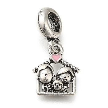 Rack Plating Alloy Pink Enamel European Dangle Charms, Family House Large Hole Pendants, Antique Silver, 24mm, Hole: 4.5mm