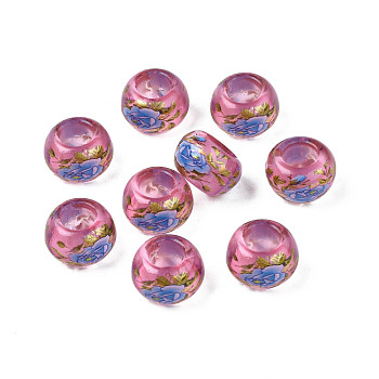 Flower Printed Transparent Acrylic Rondelle Beads, Large Hole Beads, Hot Pink, 15x9mm, Hole: 7mm