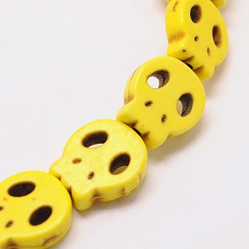 Skull Synthetic Turquoise Beads Strands, Dyed, Yellow, 28x25x4mm, Hole: 1mm, about 14pcs/strand, 15.7 inch