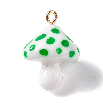 Opaque Resin Pendants, 3D Mushroom Charms, with Light Gold Tone Iron Loops, Lime Green, 24.5~25.5x18mm, Hole: 2mm