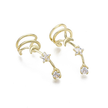Brass Cubic Zirconia Cuff Earrings, Nickel Free, Star, Clear, Real 18K Gold Plated, 32x9mm