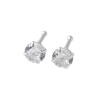 S999 Fine Silver Clear Cubic Zirconia Stud Earrings, Round, Platinum, 4.5x4.5mm