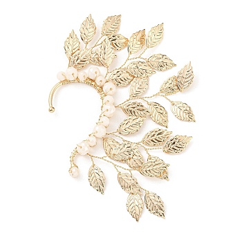 Alloy Leaf Cuff Earrings, Glass Beads Climber Wrap Around Earring for Women, Light Gold, 132x87~90x9mm