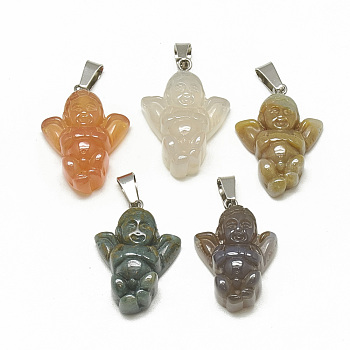 Natural & Synthetic Mixed Stone Pendants, with Stainless Steel Snap On Bails, Cupid/Cherub, Stainless Steel Color, 26x18.5x8mm, Hole: 7x3mm