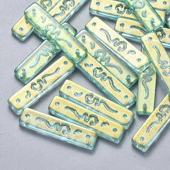 Transparent Spray Painted Glass Links connectors, with Glitter Powder, Rectangle, Medium Aquamarine, 30x7x3mm, Hole: 1.2mm