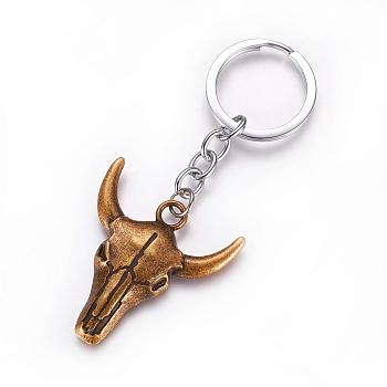 Alloy Keychain, Ox-Head, with Iron Findings, Antique Bronze, 94mm