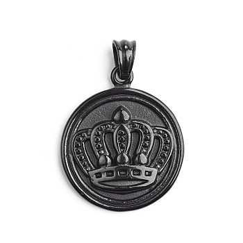 304 Stainless Steel Pendants, Hip-Hop Pendants, Flat Round with Crown, Electrophoresis Black, 29.5x24.5x4mm, Hole: 6mm