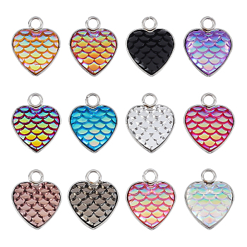 Opaque 304 Stainless Steel Pendants, with Resin, Heart with Fish Scale Shape, Mixed Color, 16x13x3.5mm, Hole: 2mm, 36pcs/box