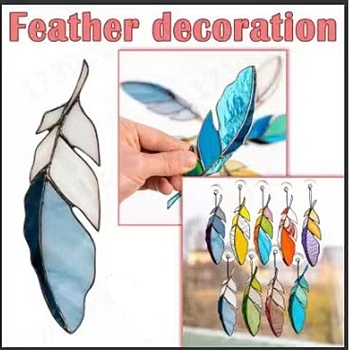 Feather Stained Acrylic Window Planel, for Suncatchers Window Home Hanging Ornaments, Light Sky Blue, 170x45mm