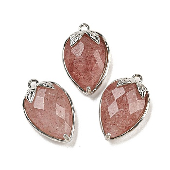 Natural Strawberry Quartz Faceted Pendants, Rack Plating Brass Strawberry Charms, Platinum, 18x11x5~5.5mm, Hole: 1.2mm