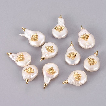 Natural Cultured Freshwater Pearl Pendants, with Brass Findings, Long-Lasting Plated, Nuggets with Bees, Real 18K Gold Plated, 18~22x12~13x6.5~7mm, Hole: 1.4mm