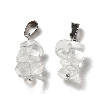 Natural Quartz Crystal Chip Pendants, Rock Crystal Lucky Charms with Stainless Steel Color Plated Stainless Steel Snap on Bails, 24~27x11~14x7~10mm, Hole: 7x4mm