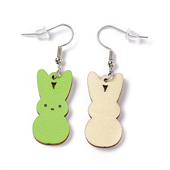Rabbit Wooden Dangle Earrings, Platinum Tone Iron Earring with Ear Nut for Women, Lawn Green, 52mm, Pin: 0.7mm, Pendant: 31x14.5x2.7mm