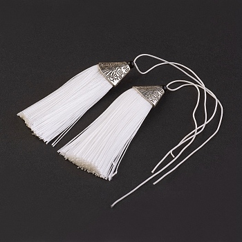 Nylon Tassels Big Pendant Decorations, with CCB Plastic, Antique Silver, White, 85x20x10.5mm