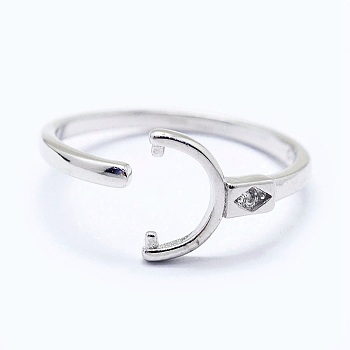 Anti-Tarnish Adjustable Rhodium Plated 925 Sterling Silver Cuff Finger Ring Components, For Half Drilled Beads, with Cubic Zirconia, Clear, Platinum, Size: 6, 16mm, Tray: 6x3mm, Pin: 0.8mm