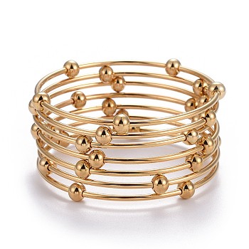 Fashion 304 Stainless Steel Bangle Sets, with Round Beads, Golden, 2-1/8 inch(5.5cm), 7pcs/set
