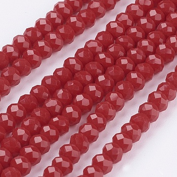 Imitation Jade Glass Bead Strands, Faceted, Rondelle, FireBrick, 3.5x2.5~3mm, Hole: 1mm, about 139pcs/strand, 14 inch