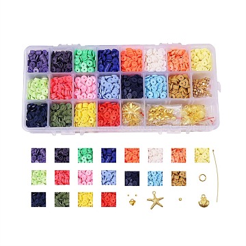 DIY Heishi Beads Jewelry Kits, with Handmade Polymer Clay Beads, Alloy Pendants, Elastic Thread, Brass Spacer Beads & Ball Head Pins & Jump Rings, Scissors, Golden, 6x1mm, Hole: 1.5~2mm, about 3420~3800pcs(DIY-SZ0001-02-6mm)
