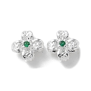 Brass Micro Pave Lime Green Cubic Zirconia Beads, Flower, 925 Sterling Silver Plated, 8x8x3.5mm, Hole: 1mm(KK-P256-11S)