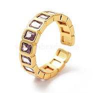 Rectangle Brass Micro Pave Cubic Zirconia Open Cuff Ring for Women, Golden, Medium Purple, 5mm, Adjustable(RJEW-Z044-04G-02)