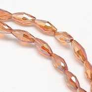 Electroplate Crystal Glass Rice Beads Strands, Faceted, Rainbow Color Plated, Coral, 4x9mm, Hole: 1mm, about 58pcs/strand, 20.4 inch(EGLA-F042-A01)