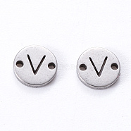 201 Stainless Steel Links, Laser Cut, Flat Round with Letter, Letter.V, 6x6x1mm, Hole: 0.8mm(X-STAS-R112-01V)