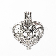Brass Cage Pendant, Hollow, Heart, Platinum, 21x16x11mm, Hole: 2x4mm, inner measure: 14x10.5mm(X-EC035Y-P)