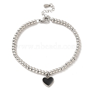 304 Stainless Steel Heart Charm Bracelet with Enamel, 201 Stainless Steel Round Beads Bracelet for Women, Stainless Steel Color, 8-3/8 inch(21.4cm)(BJEW-B057-08P)